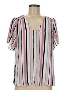 Women’s W5 pink white and navy vertically striped blouse flutter sleeve spring